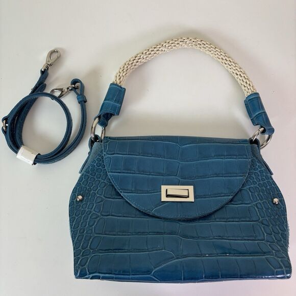 Claudia Firenze Teal Leather Croc-Embossed Handbag Rope Handle Chic Purse Italy - Picture 12 of 16